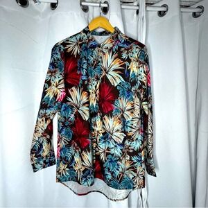 Mens Tropical Palm Leaf Print Button Down Shirt Long Sleeve Brown Red Teal M